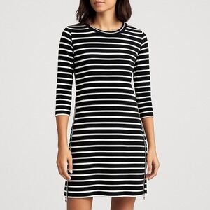 J Crew Black and White Striped Dress With Zipper Detail 100% Cotton Size S EUC